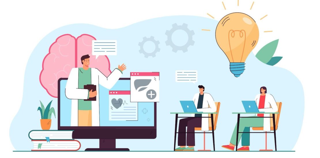 medical billing course cost featured image - Medical professionals watching webinar on online platform. People having virtual class flat vector illustration. Online education, medicine concept for banner, website design or landing web page