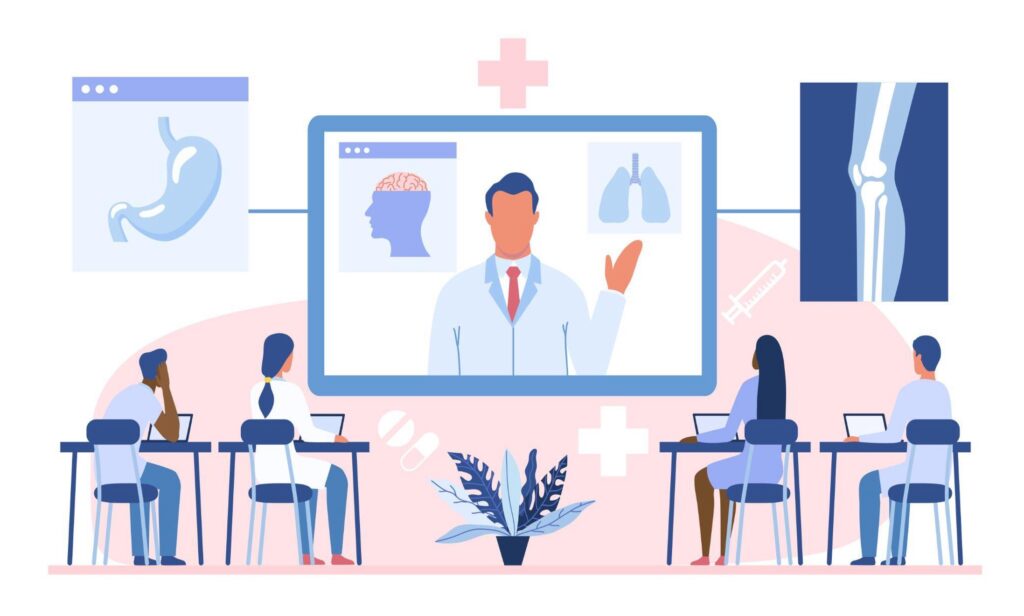 medical billing course cost - Online webinar or medical courses concept. Doctor teaching diverse multiracial academic students or interns. Flat cartoon vector illustration