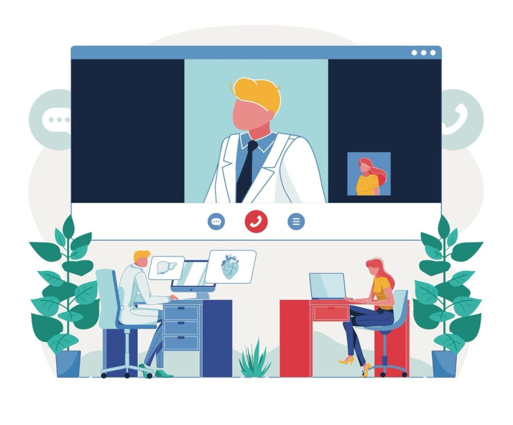 medical billing course costs - Telemedicine Videocall Technology Flat Illustration. Patient Calling Doctor Cartoon Character. Physician Discussing Client Health Online. Remote Medical Examination. Telehealth Checkup System