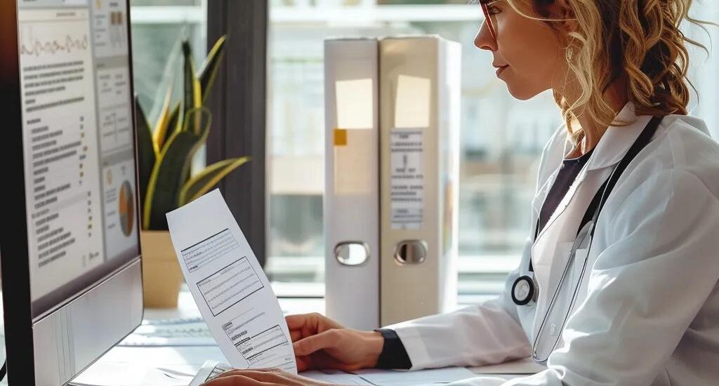 Healthcare administrator engaged in medical billing and coding tasks at a desk with documents and a computer