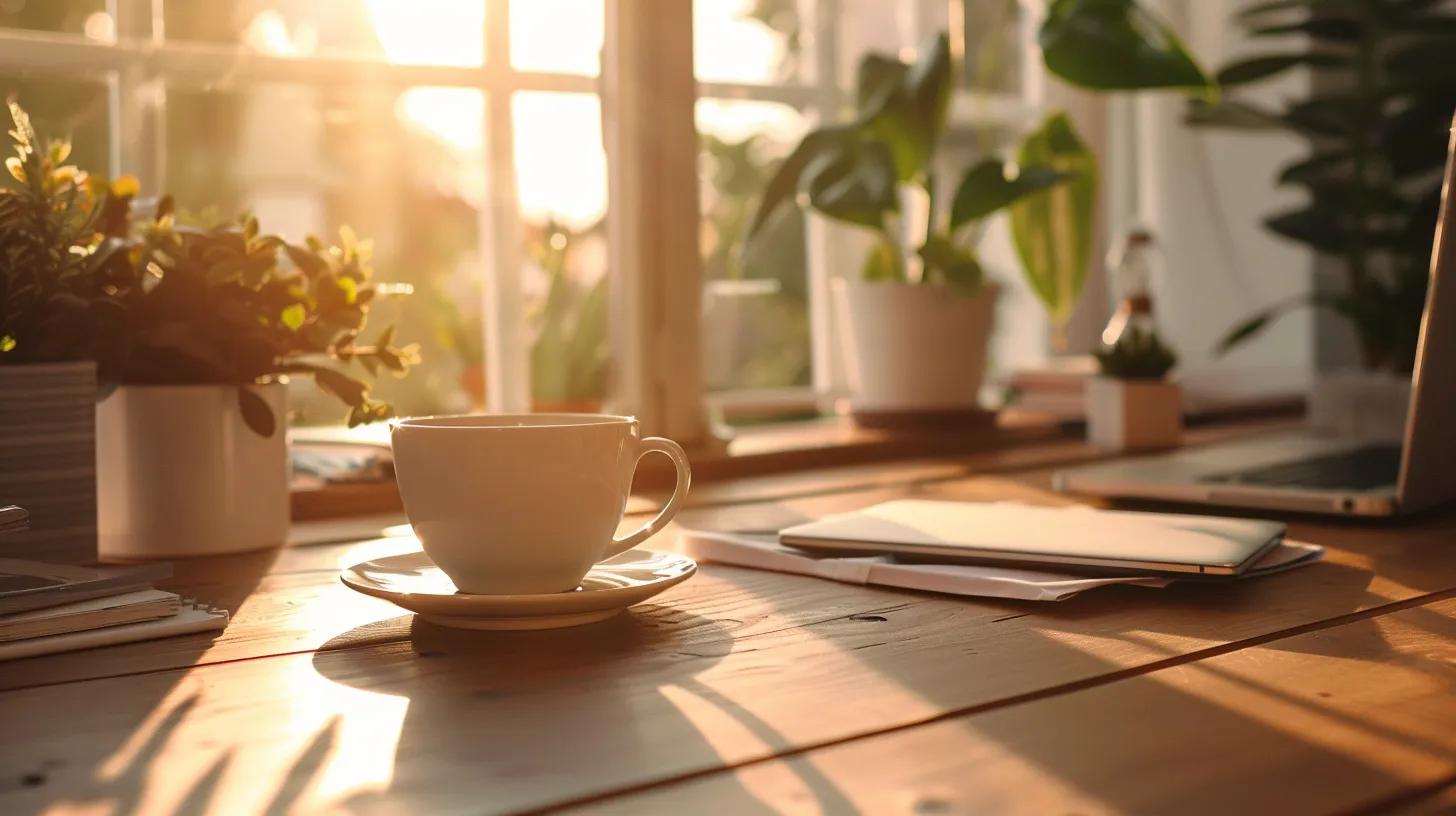 home business office desk, with coffee on the table, and a window with a sunny day in the background