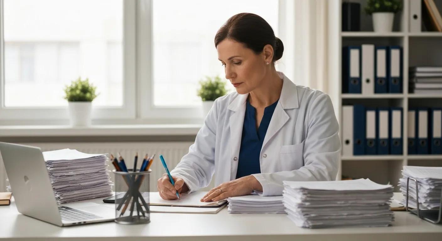 A medical biller carefully reviewing patient insurance documents and coding forms at their desk.