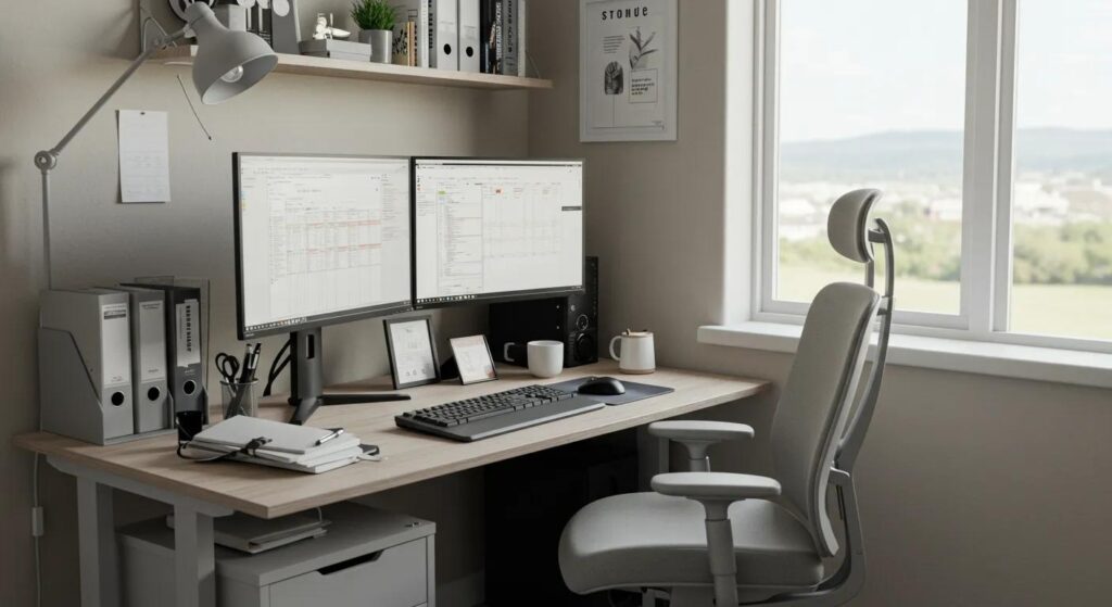 Well-organized home office setup for remote medical billing, showcasing a dual-monitor computer and ergonomic furniture