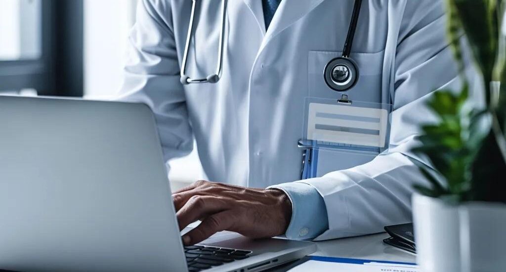 Doctor in white coat using laptop, focusing on medical billing software solutions, with stethoscope and identification badge visible.