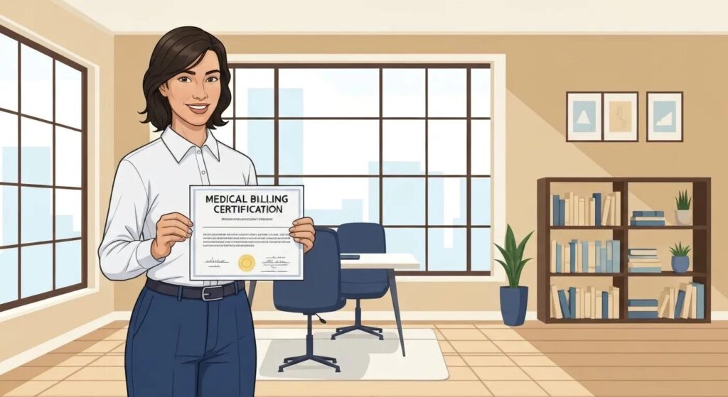 Individual proudly displaying a medical billing certification in a home office setting