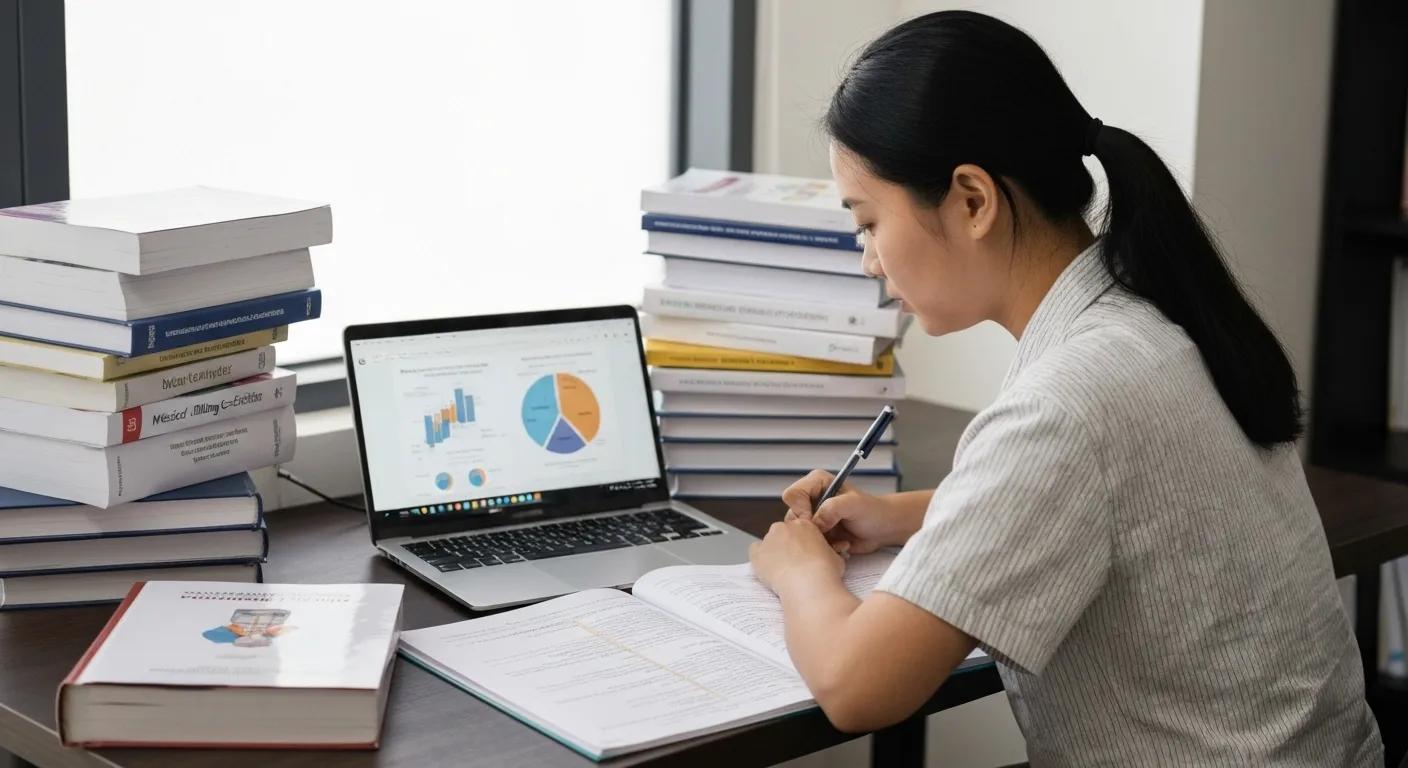 Person studying for medical billing certification surrounded by textbooks and a laptop