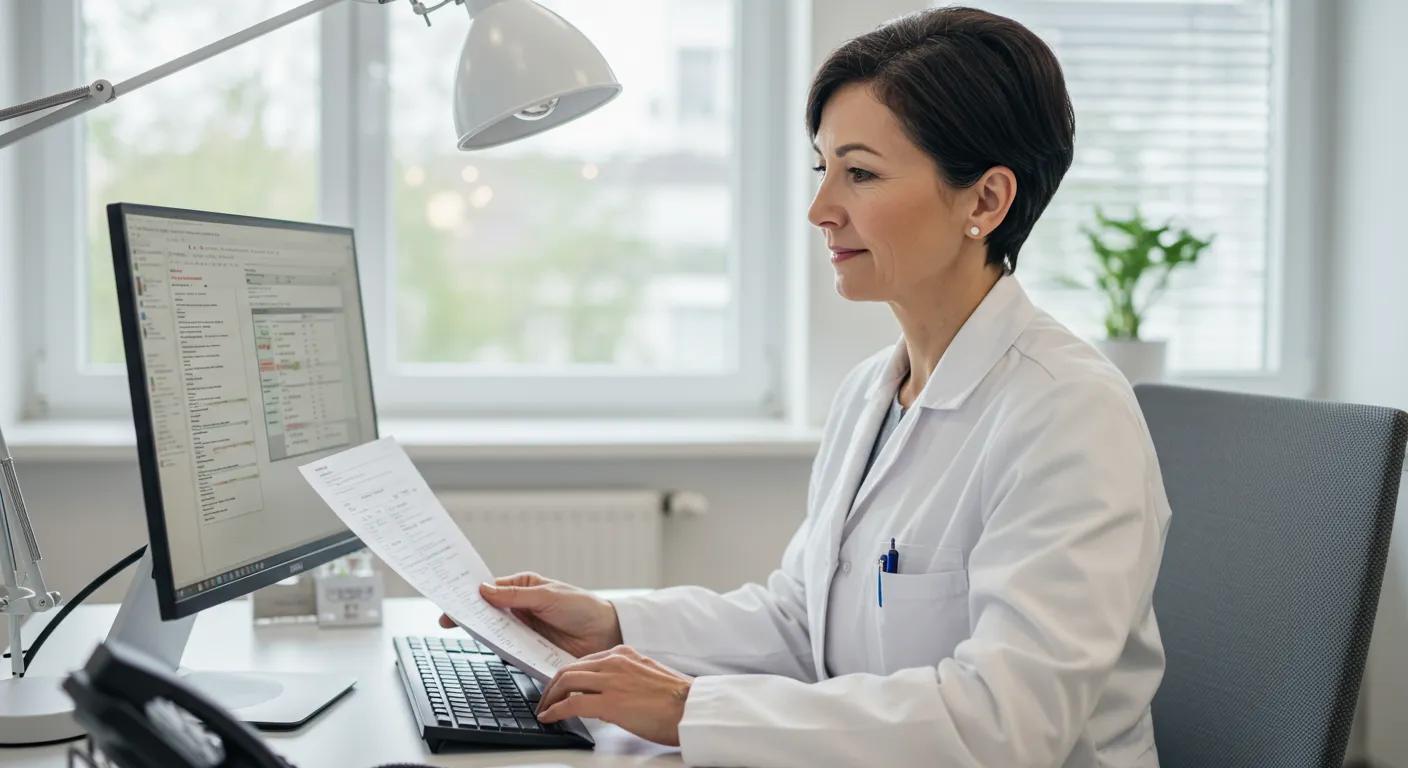 Healthcare professional reviewing a medical claim submission on a computer screen