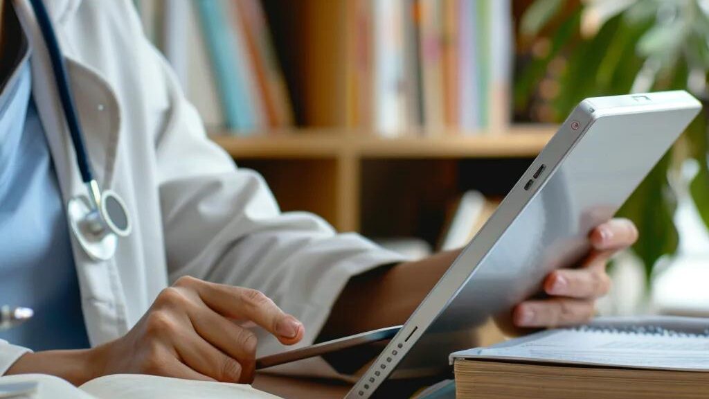 Medical billing professional using a laptop to access online billing resources and training platforms