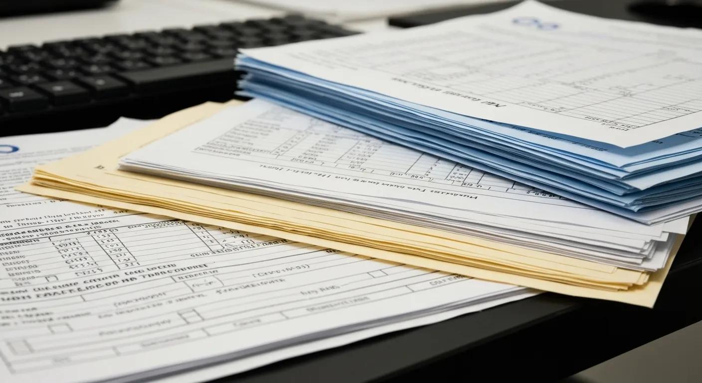 A stack of forms involved in the medical billing process showing medical codes