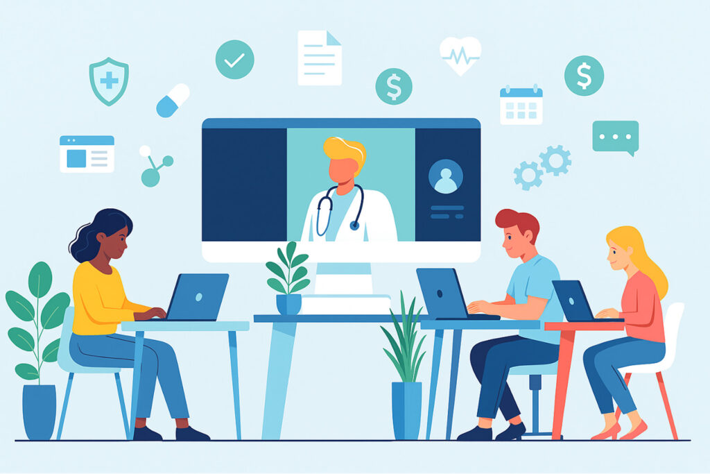 Flat illustration of three beginners using laptops in an office, surrounded by medical billing icons and plants, representing beginner-friendly medical billing software. | medical billing software for beginners