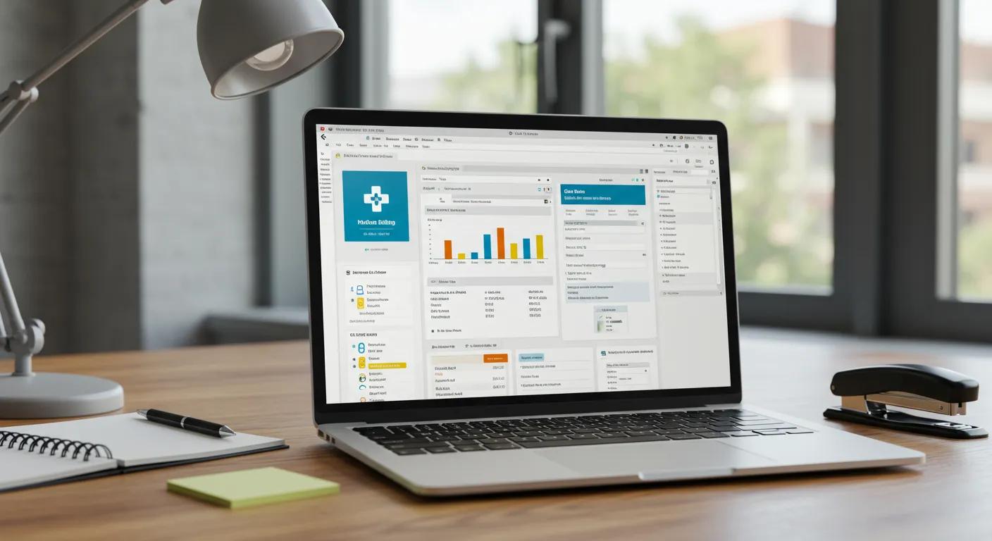 Modern medical billing software interface on a laptop in a professional workspace