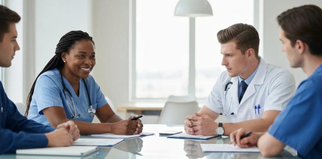 Healthcare professionals discussing medical billing concepts in a modern office setting