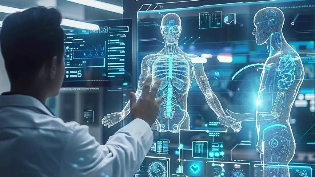 Medical professional interacting with holographic display of human anatomy, showcasing advanced medical technology and patient engagement tools relevant to medical billing software solutions.
