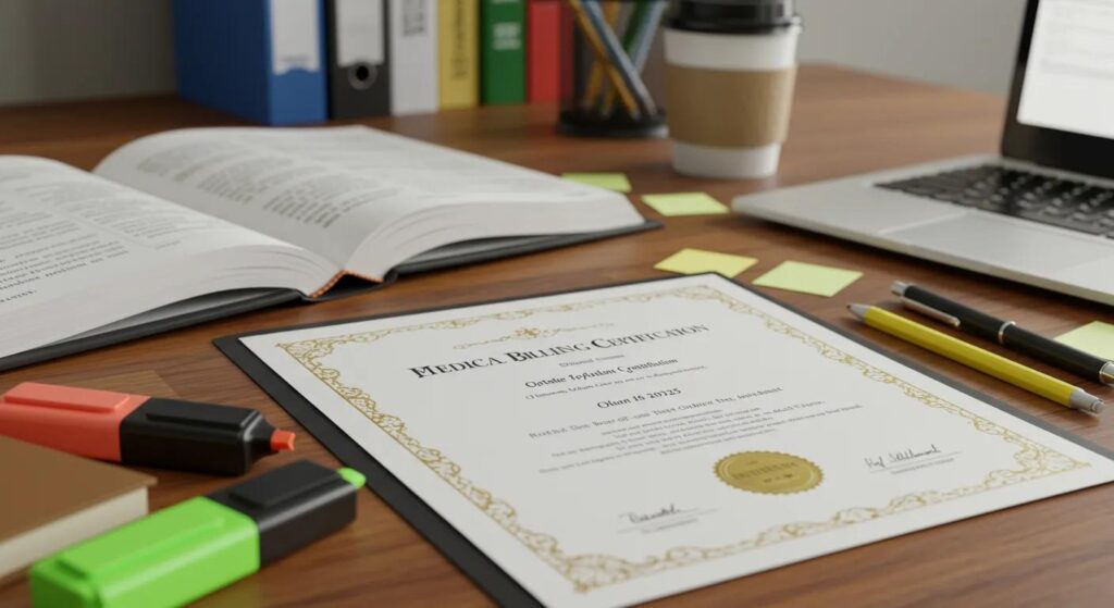Close-up of a medical billing certification diploma on a desk with study materials, symbolizing professional growth