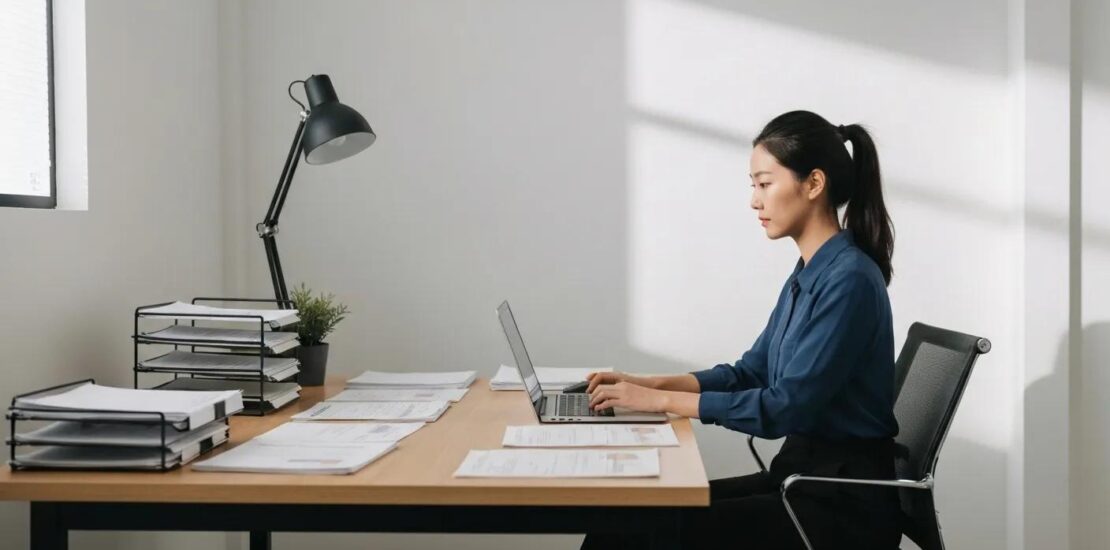 Medical billing office with a professional working on a laptop surrounded by medical documents