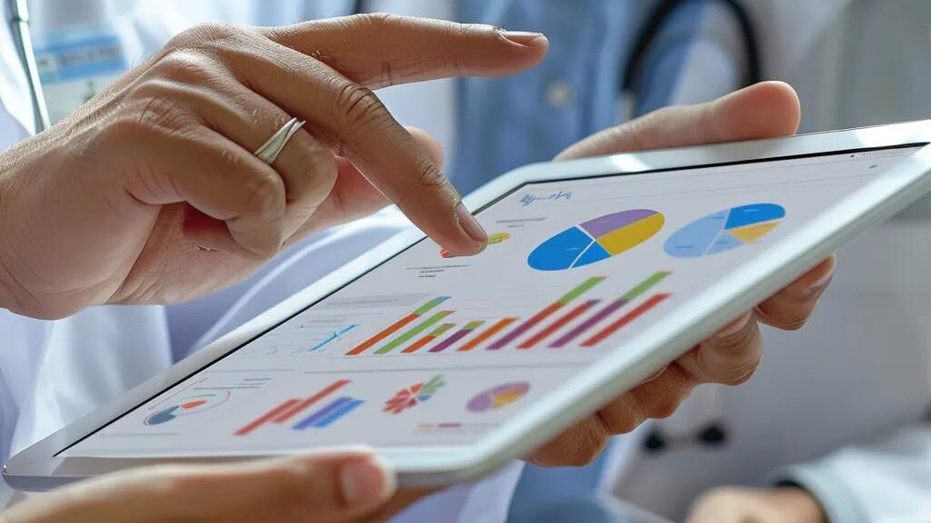 Hands interacting with a tablet displaying colorful graphs and charts, illustrating financial analytics and performance metrics relevant to medical billing and revenue cycle management.