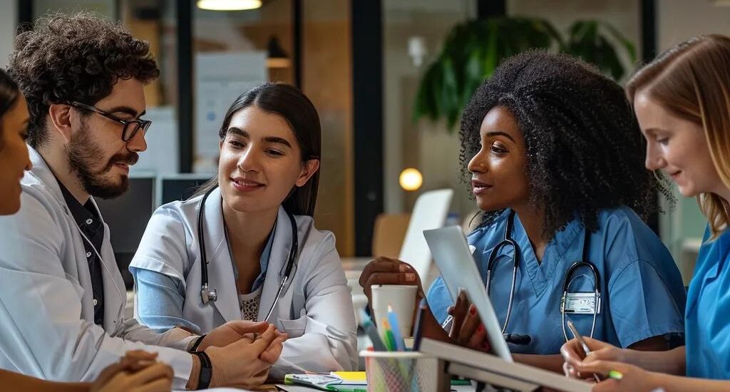 Diverse healthcare professionals collaborating in a modern office, emphasizing medical billing and coding