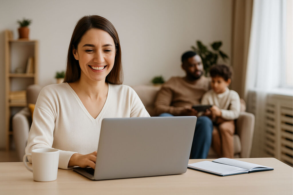 Woman smiling while using a laptop at home, illustrating remote work and skill development in the medical billing profession, with family members in the background.