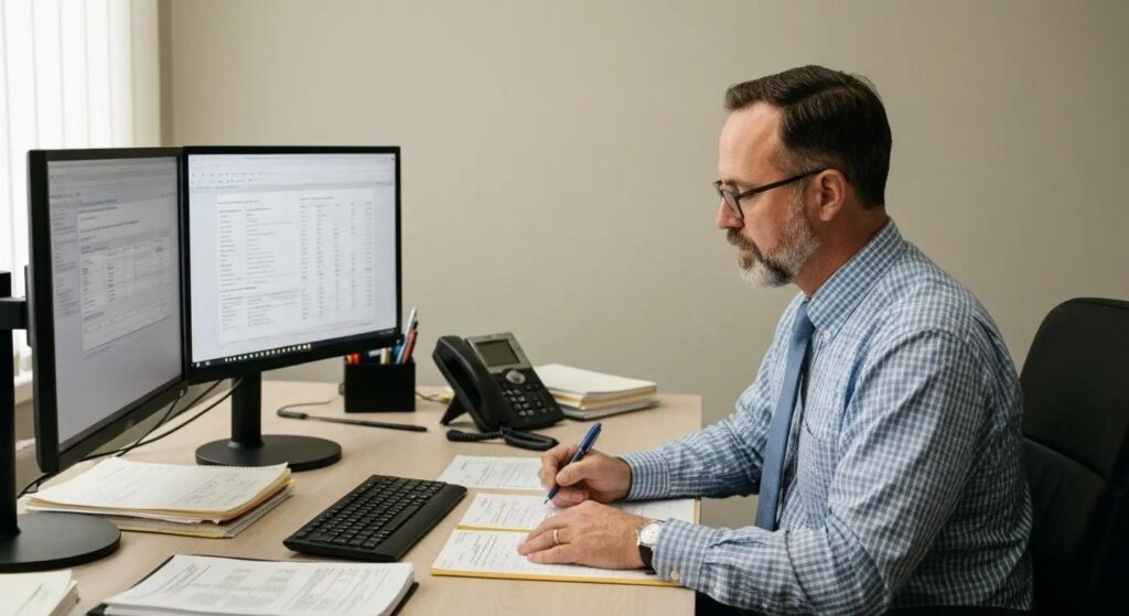 Scene of a medical billing specialist at a desk with dual monitors, phone, and documents, multitasking between coding, claim submissions, and patient billing tasks, symbolizing a typical workday.