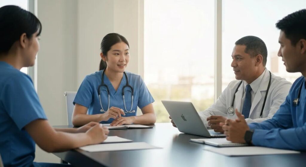 Healthcare professionals discussing career opportunities in medical billing