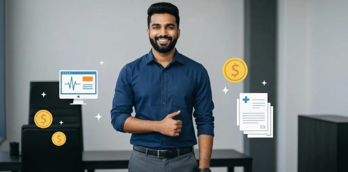 Young professional looking confident with medical billing icons floating around, such as a computer screen, healthcare forms, and dollar signs, symbolizing a rewarding career path.