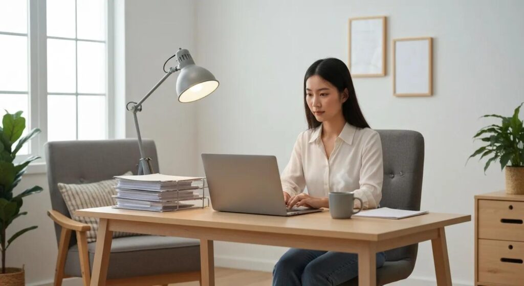 Cozy home office for starting a medical billing business with computer and coffee