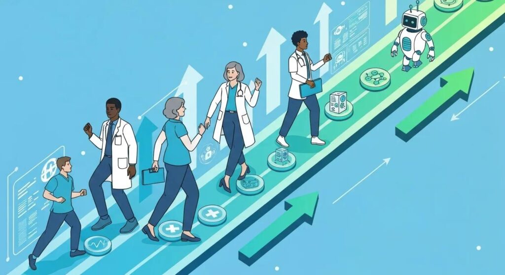 Futuristic illustration of career growth in medical billing with upward arrows, digital healthcare icons, AI elements, and professionals advancing along a career path, symbolizing industry trends and future outlook.