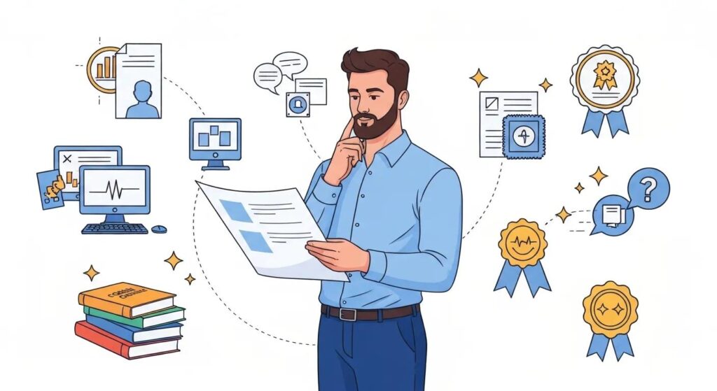 Illustration of a male medical billing specialist surrounded by icons for attention to detail, computer skills, coding books, communication, and certification badges, representing essential skills and qualifications.