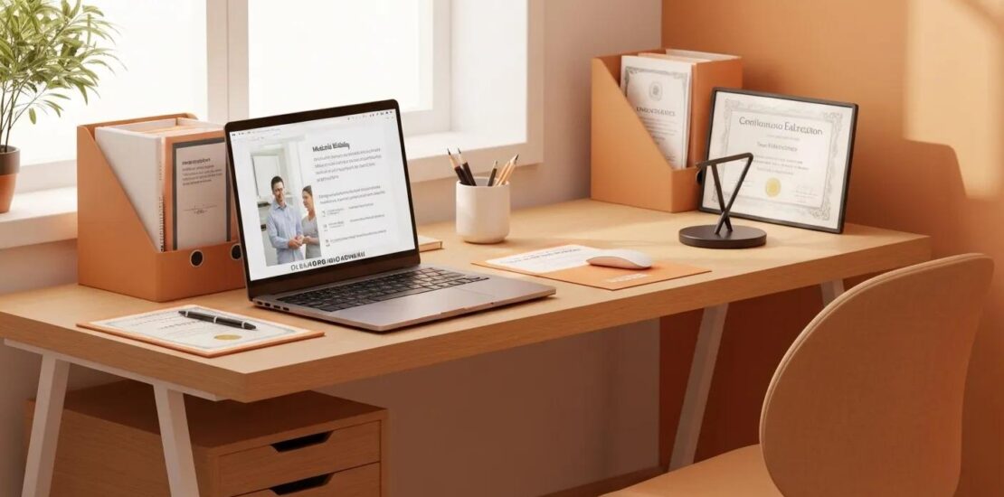 Workspace with laptop and medical billing resources, emphasizing education and career growth