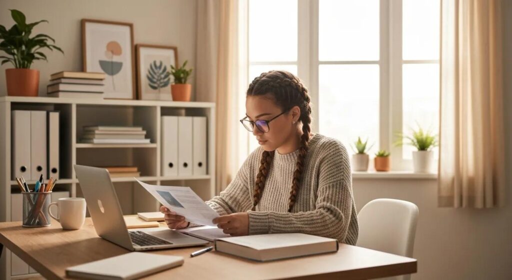 An individual diligently studying for medical billing certification in a comfortable and well-organized home workspace