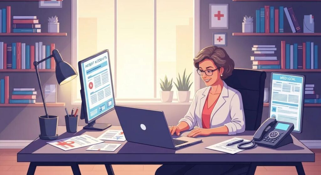 Medical billing specialist reviewing claim denials and Explanation of Benefits documents for accuracy.