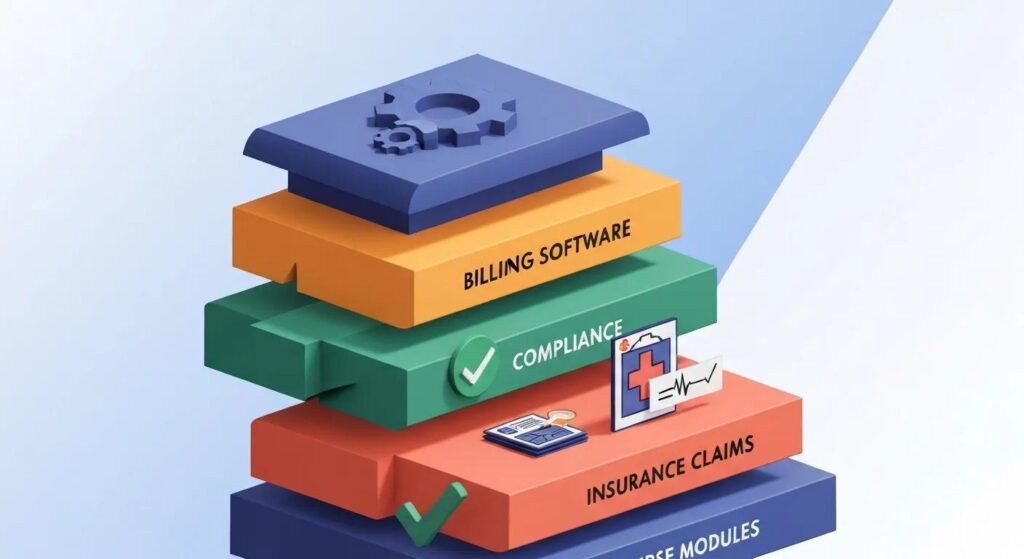 Illustration of layered course modules with icons for billing software, compliance, and insurance claims, symbolizing the core components of a medical billing course.