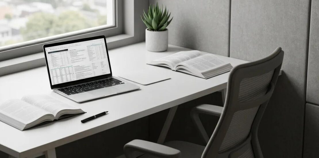 Professional workspace for medical billing certification with laptop and textbooks