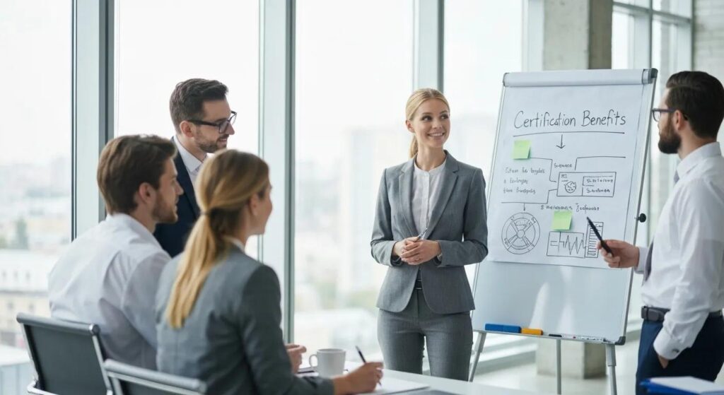 Medical billing professional discussing certification benefits in a collaborative office environment