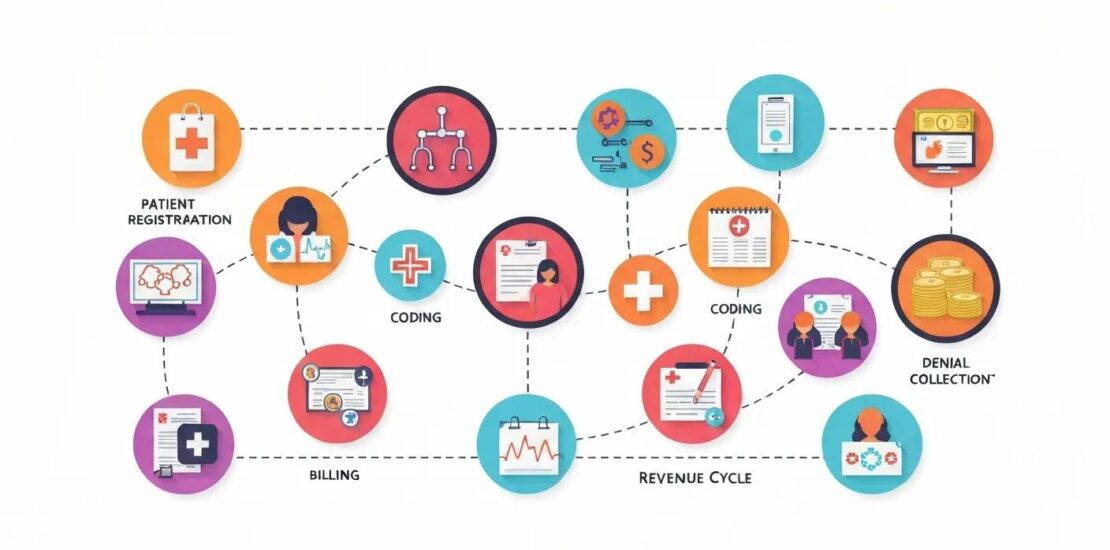 Modern flat-style illustration of the healthcare revenue cycle, showing interconnected icons for patient registration, billing, coding, denial management, and payment collection, with medical and financial symbols.