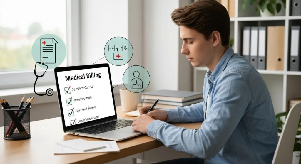 Student sitting at a desk with a laptop, checklist, and healthcare icons like stethoscope and documents, symbolizing the decision to start a medical billing course.