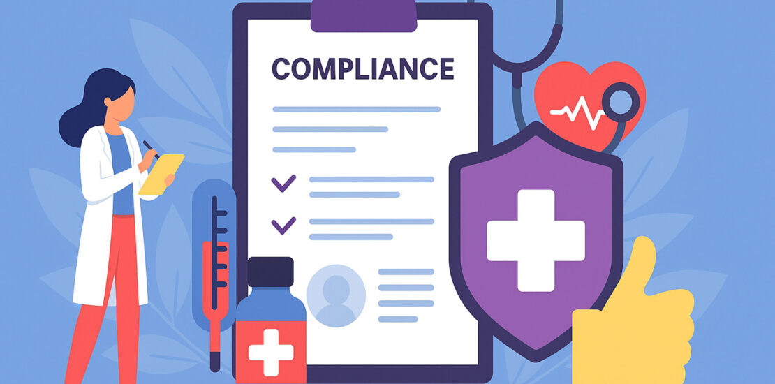Illustration of a healthcare professional reviewing a compliance checklist, featuring a clipboard labeled "COMPLIANCE," medical symbols, a thermometer, a bottle of medication, and a thumbs-up sign, emphasizing the importance of medical billing compliance and patient data protection.