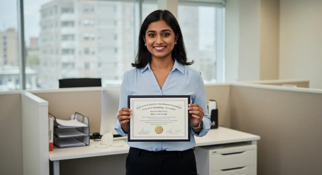 A newly certified medical billing professional proudly displaying their credential in a professional office environment