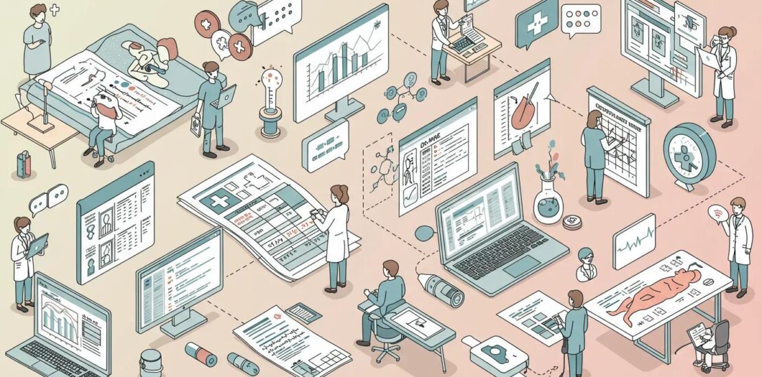 An illustration depicting various aspects of medical billing and coding, including medical charts, computers, and healthcare professionals, symbolizing the integration of administrative and clinical data.