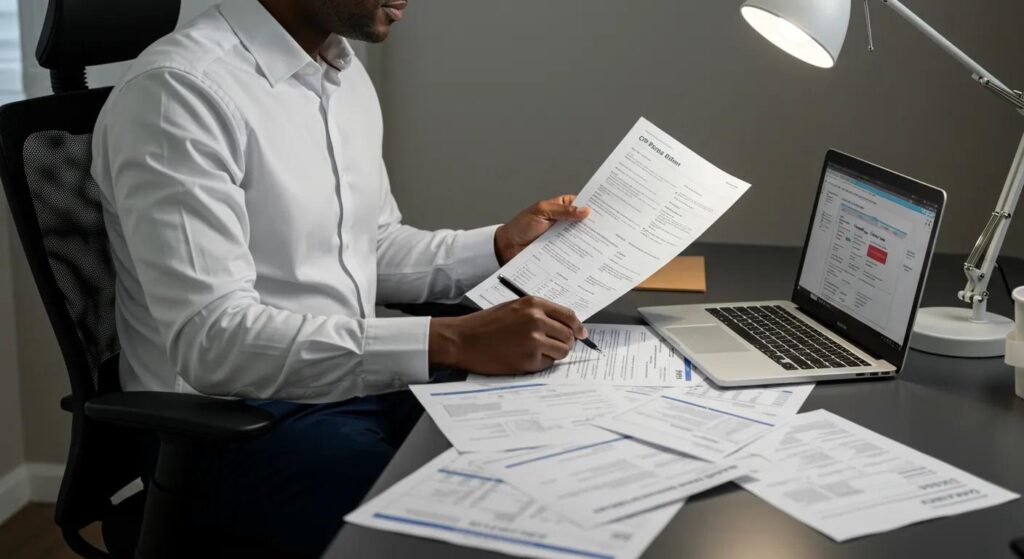 Medical billing professional preparing for the CPB certification exam at a desk with laptop and documents.