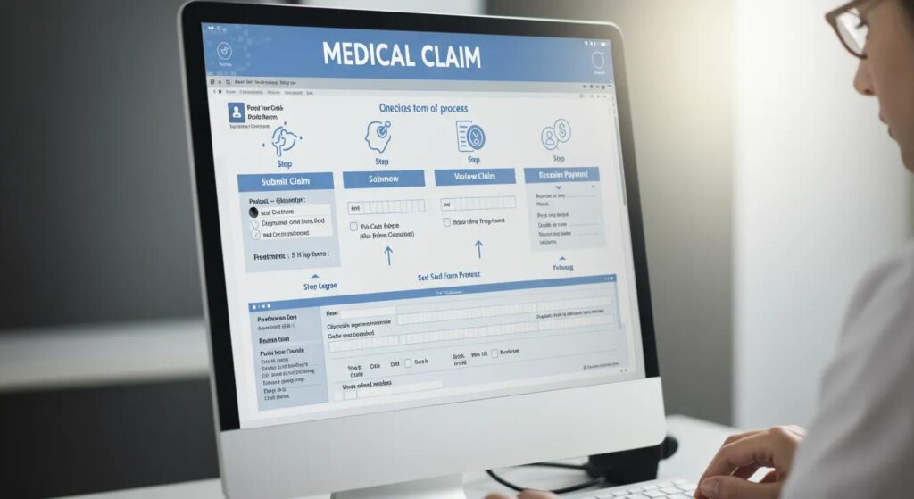 Close-up of a computer screen showing a medical claim form, highlighting the steps in the claims process