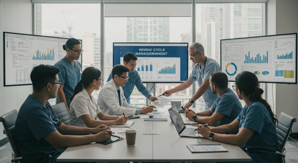 Healthcare team collaborating on revenue cycle management strategies in a professional setting