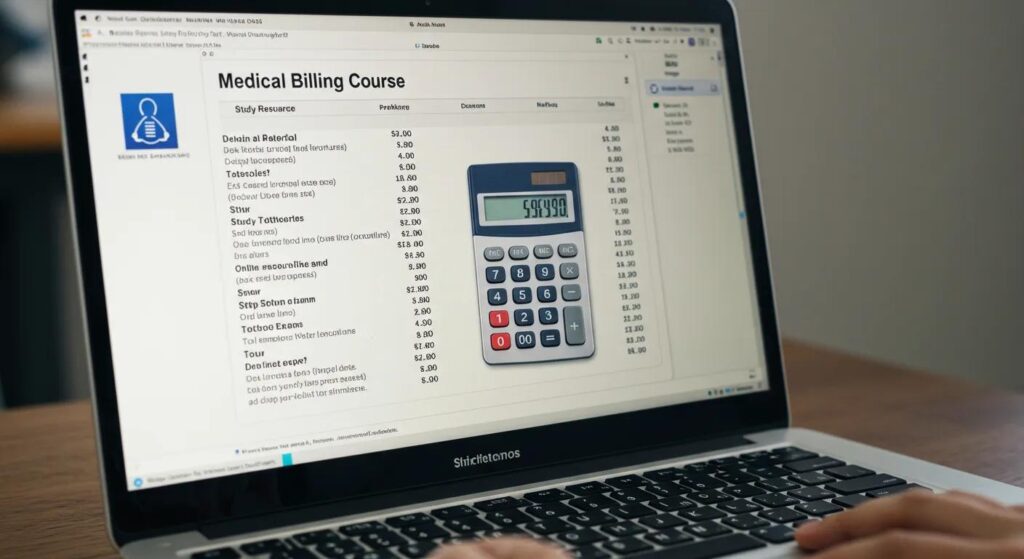 A close-up view of a laptop screen displaying a detailed breakdown of medical billing course costs, highlighting study materials and a calculator