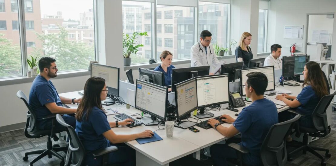 Medical billing professionals collaborating in an office setting, emphasizing teamwork and focus on claims processing