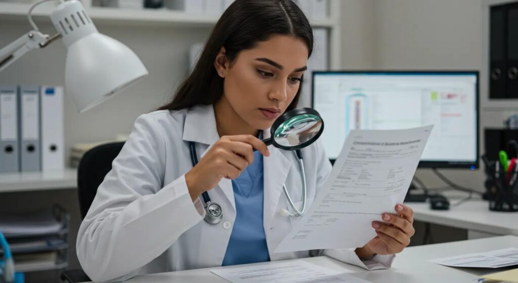 Medical biller examining documents with a magnifying glass, symbolizing the prevention of claim denials in medical billing
