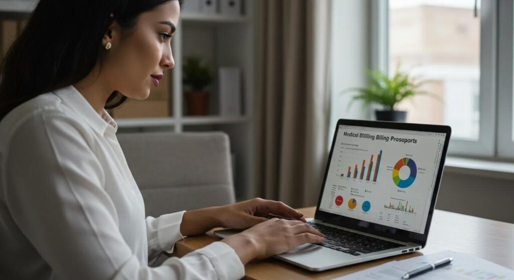 Medical billing professional reviewing job growth reports on a laptop, representing the strong career outlook in healthcare.