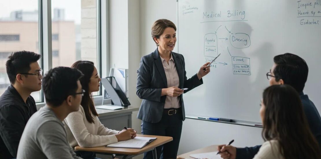 Newcomers confidently learning the essentials of medical billing in a supportive classroom setting