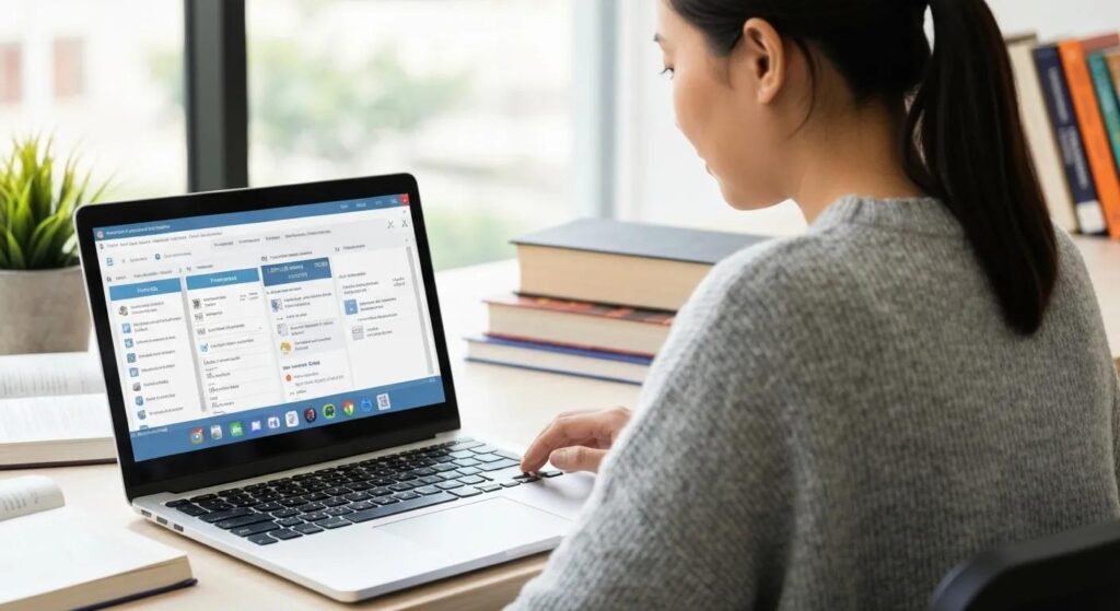 A student actively practicing medical billing software on a laptop, demonstrating hands-on learning