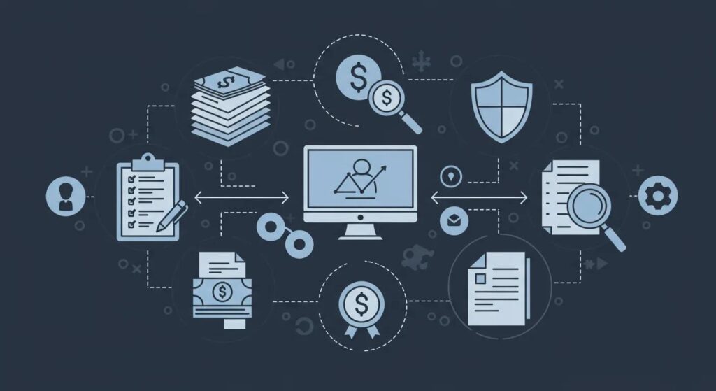 Illustration of the revenue cycle management process for healthcare providers represented with icons such as a clipboard, computer monitor, document stack, dollar sign, magnifying glass, and shield, visually depicting financial and administrative workflow without text labels.