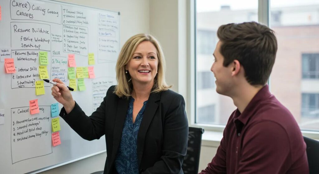 A career coach providing guidance to a student on job placement strategies, emphasizing the support services available for medical billing careers
